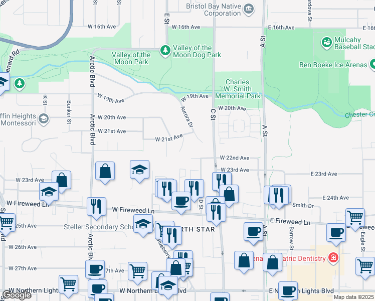map of restaurants, bars, coffee shops, grocery stores, and more near 403 West 22nd Avenue in Anchorage
