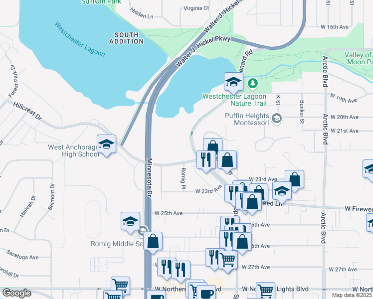 map of restaurants, bars, coffee shops, grocery stores, and more near 1361 Hillcrest Drive in Anchorage
