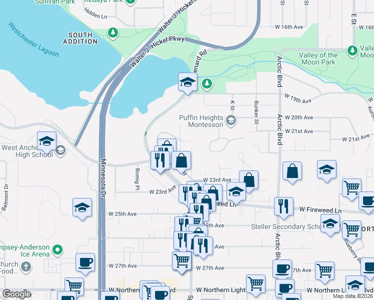 map of restaurants, bars, coffee shops, grocery stores, and more near 1102 Hillcrest Drive in Anchorage