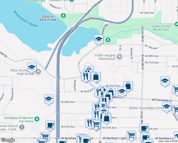 map of restaurants, bars, coffee shops, grocery stores, and more near 1234 Hillcrest Drive in Anchorage