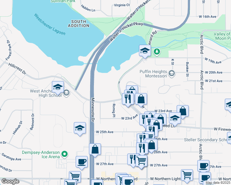 map of restaurants, bars, coffee shops, grocery stores, and more near 1361 Hillcrest Drive in Anchorage