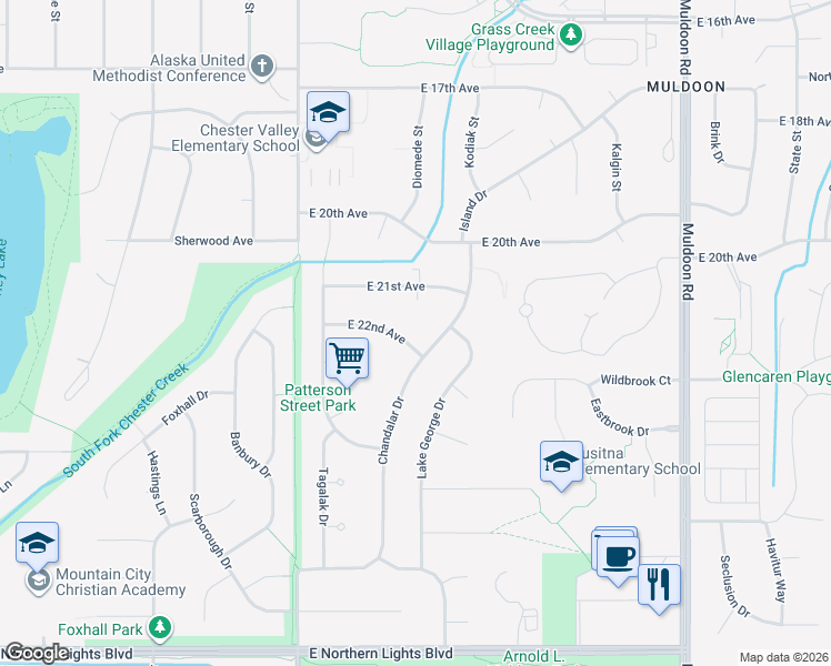 map of restaurants, bars, coffee shops, grocery stores, and more near 7330 Tanaga Circle in Anchorage