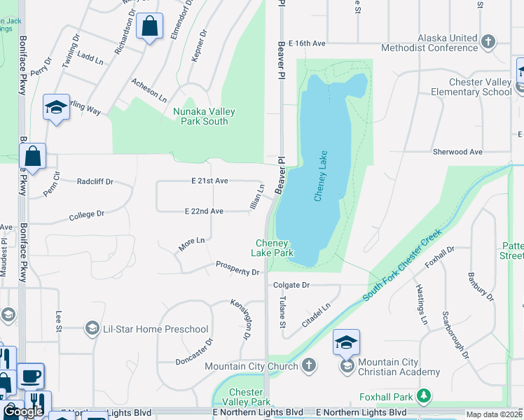 map of restaurants, bars, coffee shops, grocery stores, and more near 2115 Illian Lane in Anchorage