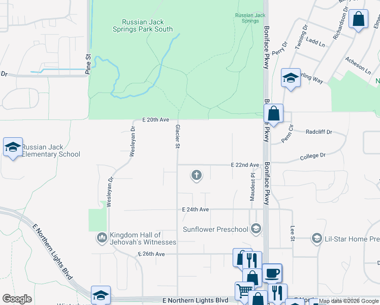 map of restaurants, bars, coffee shops, grocery stores, and more near 2051 Glacier Street in Anchorage