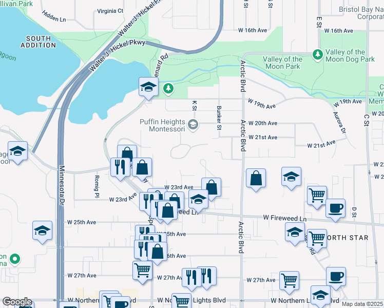 map of restaurants, bars, coffee shops, grocery stores, and more near 1037 Potlatch Circle in Anchorage