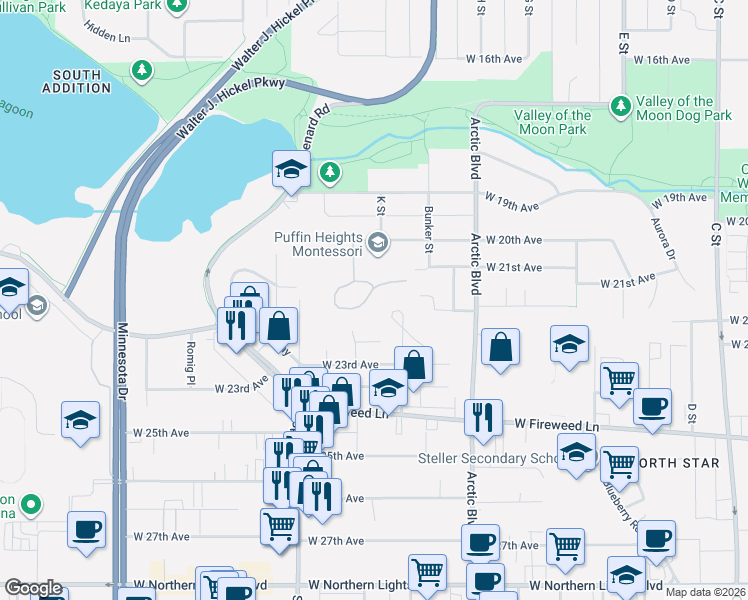 map of restaurants, bars, coffee shops, grocery stores, and more near 1037 Potlatch Circle in Anchorage