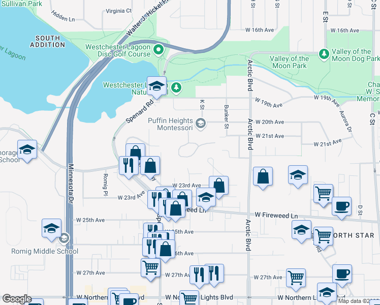 map of restaurants, bars, coffee shops, grocery stores, and more near 1037 Potlatch Circle in Anchorage