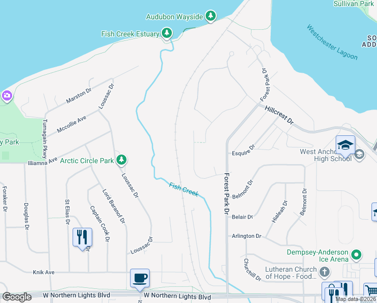 map of restaurants, bars, coffee shops, grocery stores, and more near 2152 Arcadia Drive in Anchorage