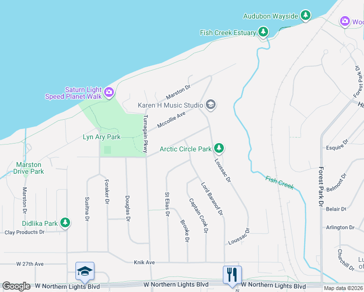 map of restaurants, bars, coffee shops, grocery stores, and more near 2801 Illiamna Ave in Anchorage