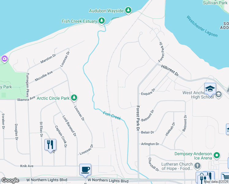 map of restaurants, bars, coffee shops, grocery stores, and more near 2152 Arcadia Drive in Anchorage