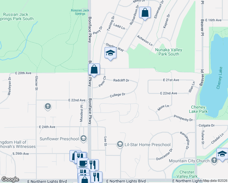 map of restaurants, bars, coffee shops, grocery stores, and more near 5631 College Drive in Anchorage