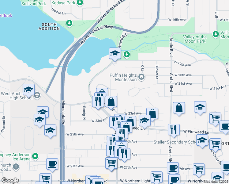 map of restaurants, bars, coffee shops, grocery stores, and more near 1102 Hillcrest Drive in Anchorage