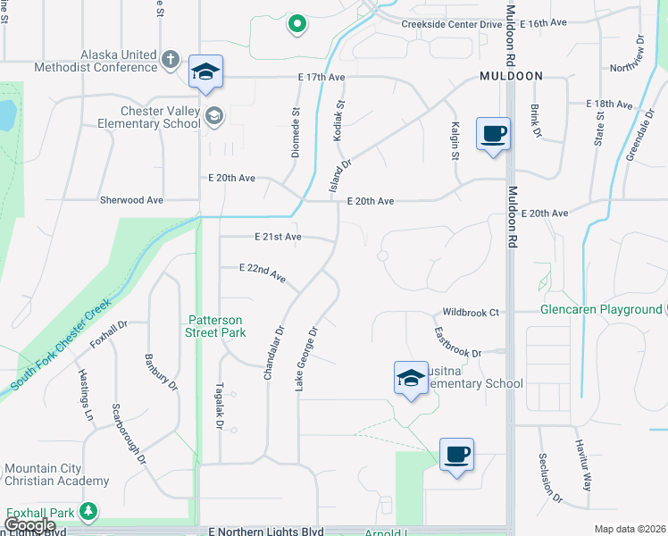 map of restaurants, bars, coffee shops, grocery stores, and more near 2121 Chandalar Drive in Anchorage