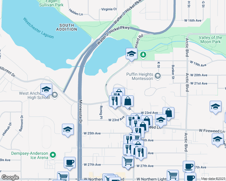 map of restaurants, bars, coffee shops, grocery stores, and more near 1321 Hillcrest Drive in Anchorage
