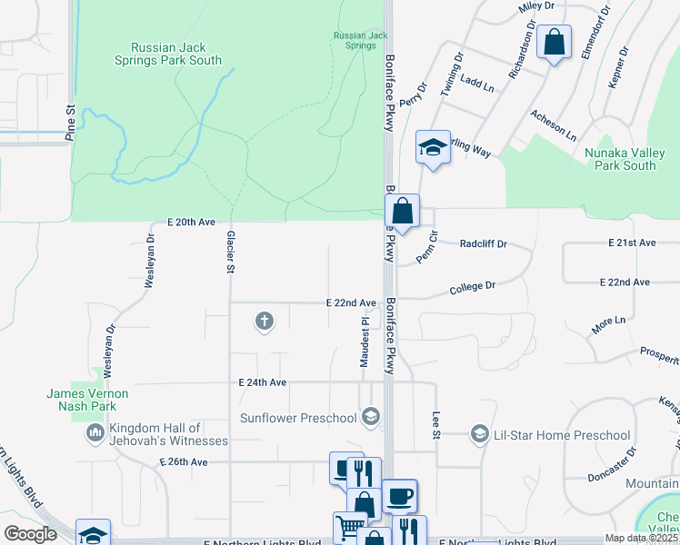 map of restaurants, bars, coffee shops, grocery stores, and more near 2105 Farmer Place in Anchorage