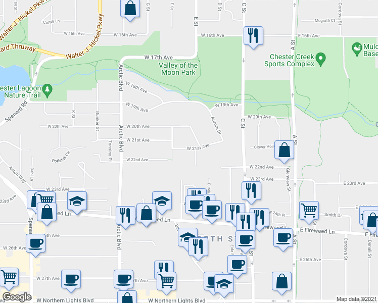 map of restaurants, bars, coffee shops, grocery stores, and more near 550 West 21st Avenue in Anchorage