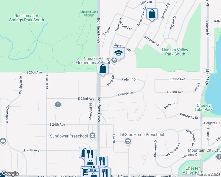map of restaurants, bars, coffee shops, grocery stores, and more near 5526 Penn Circle in Anchorage