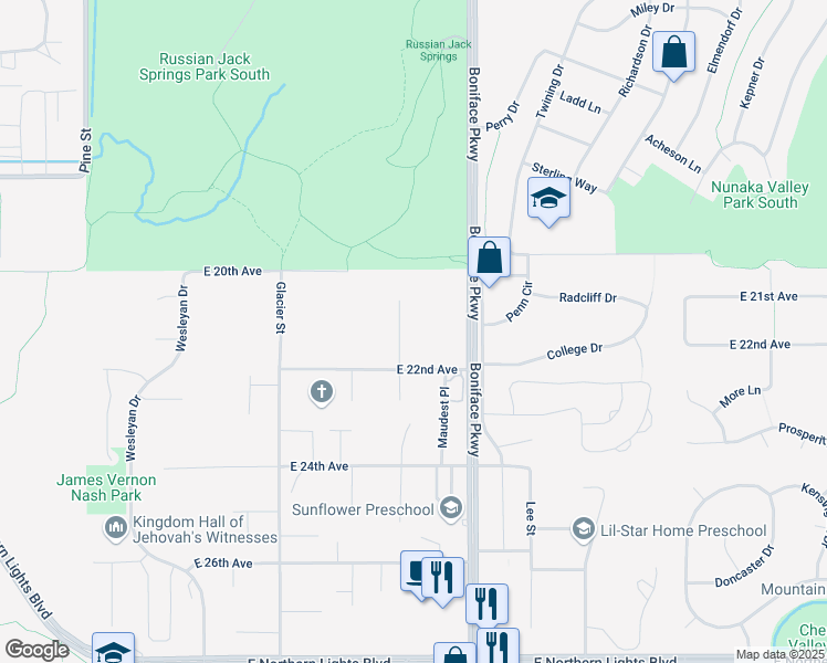 map of restaurants, bars, coffee shops, grocery stores, and more near 2105 Farmer Place in Anchorage