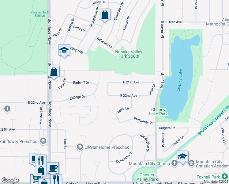 map of restaurants, bars, coffee shops, grocery stores, and more near 5933 East 22nd Avenue in Anchorage