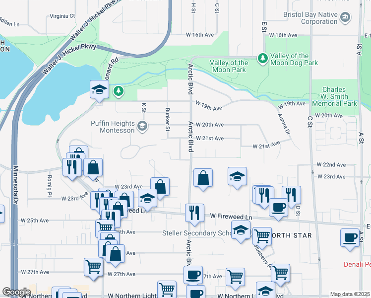 map of restaurants, bars, coffee shops, grocery stores, and more near 2124 Arctic Boulevard in Anchorage