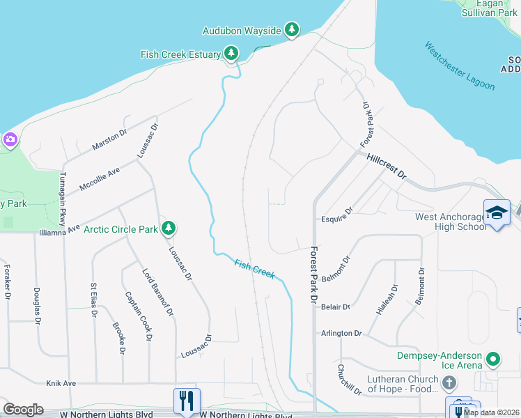 map of restaurants, bars, coffee shops, grocery stores, and more near 2152 Arcadia Drive in Anchorage