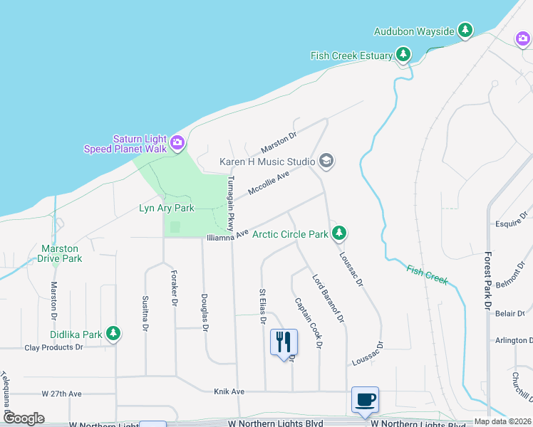 map of restaurants, bars, coffee shops, grocery stores, and more near 2825 Illiamna Avenue in Anchorage