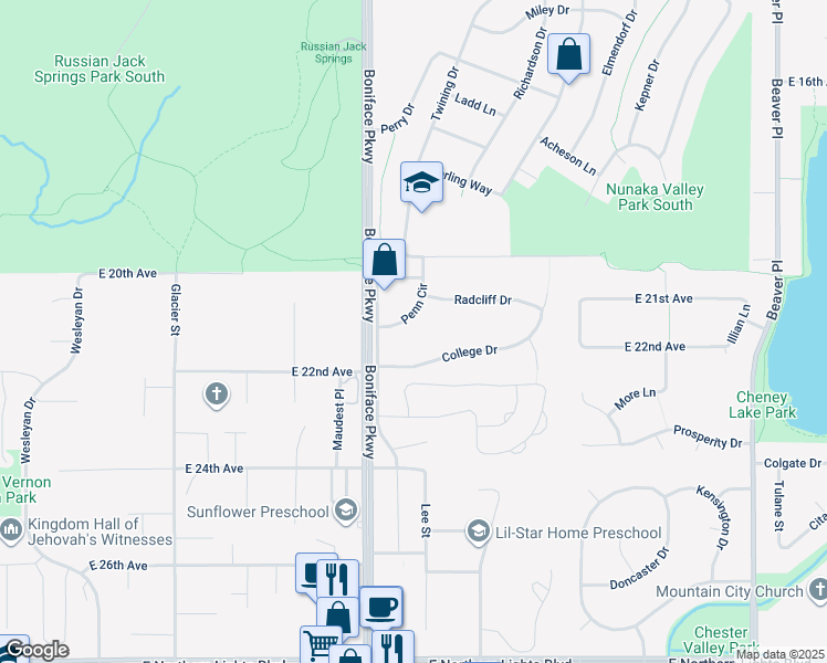 map of restaurants, bars, coffee shops, grocery stores, and more near 5526 Penn Cir in Anchorage