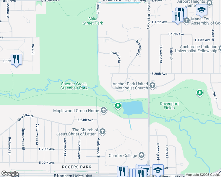map of restaurants, bars, coffee shops, grocery stores, and more near 2055 Cliffside Drive in Anchorage
