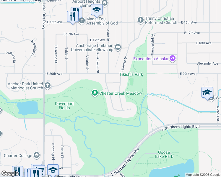 map of restaurants, bars, coffee shops, grocery stores, and more near 2125 Alder Drive in Anchorage