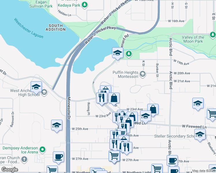 map of restaurants, bars, coffee shops, grocery stores, and more near 1234 Hillcrest Dr in Anchorage