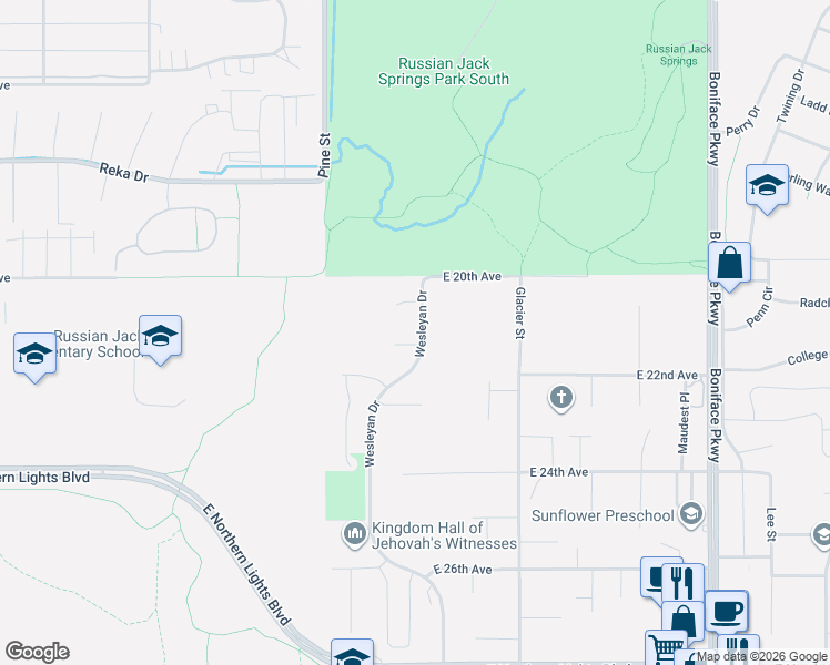 map of restaurants, bars, coffee shops, grocery stores, and more near 4861 Snow Circle in Anchorage