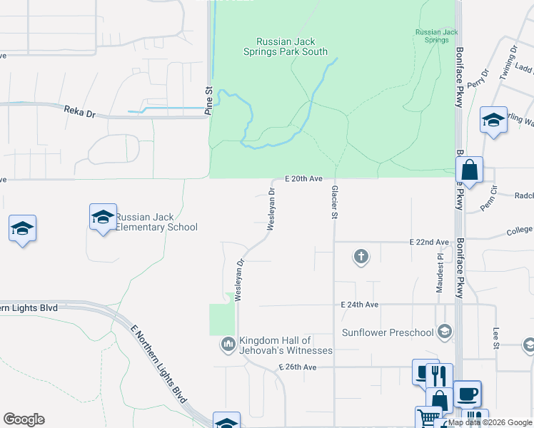 map of restaurants, bars, coffee shops, grocery stores, and more near 4861 Snow Circle in Anchorage