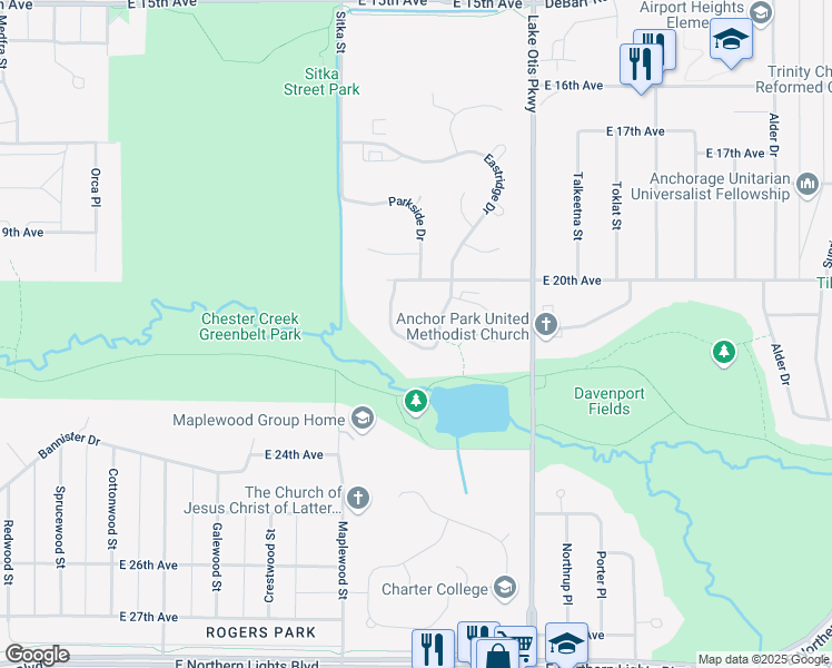 map of restaurants, bars, coffee shops, grocery stores, and more near 2048 Eastridge Drive in Anchorage