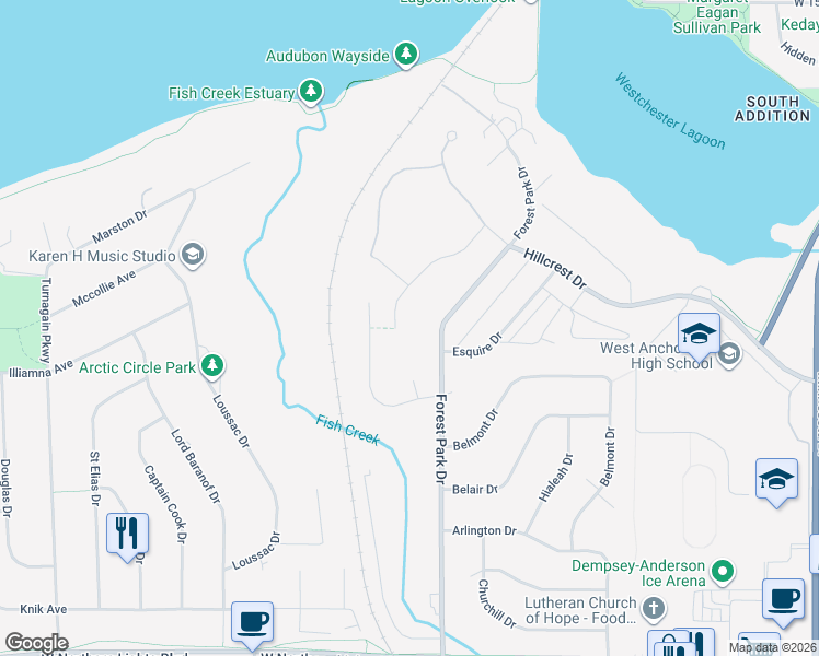map of restaurants, bars, coffee shops, grocery stores, and more near 2121 Atwood Drive in Anchorage