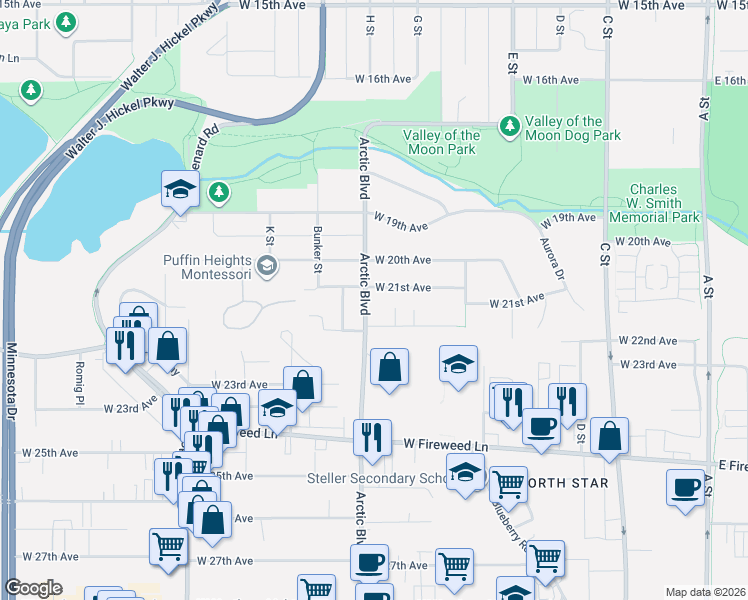 map of restaurants, bars, coffee shops, grocery stores, and more near 2124 Arctic Boulevard in Anchorage