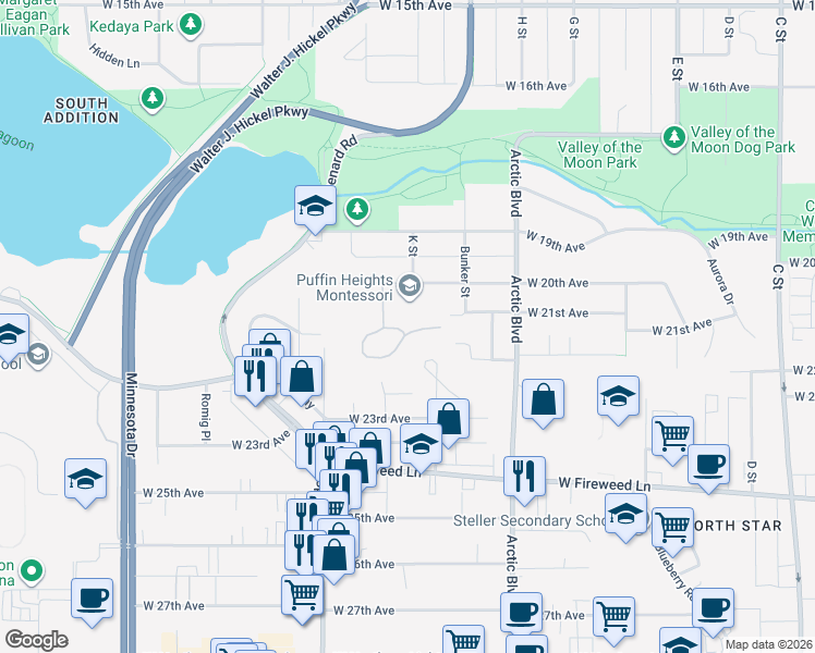 map of restaurants, bars, coffee shops, grocery stores, and more near 1037 Potlatch Circle in Anchorage