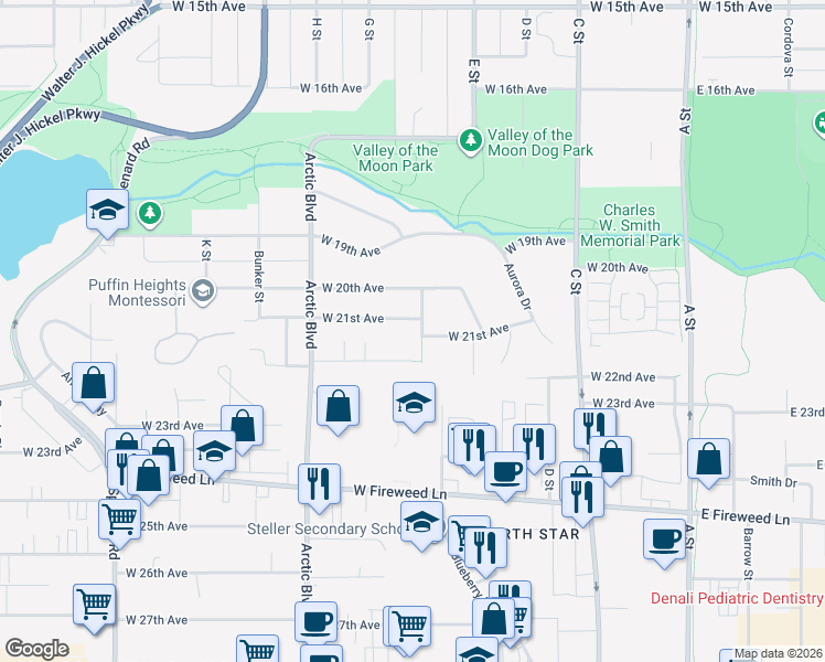map of restaurants, bars, coffee shops, grocery stores, and more near 2100 Blueberry Street in Anchorage