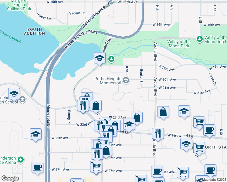 map of restaurants, bars, coffee shops, grocery stores, and more near 1075 Potlatch Circle in Anchorage