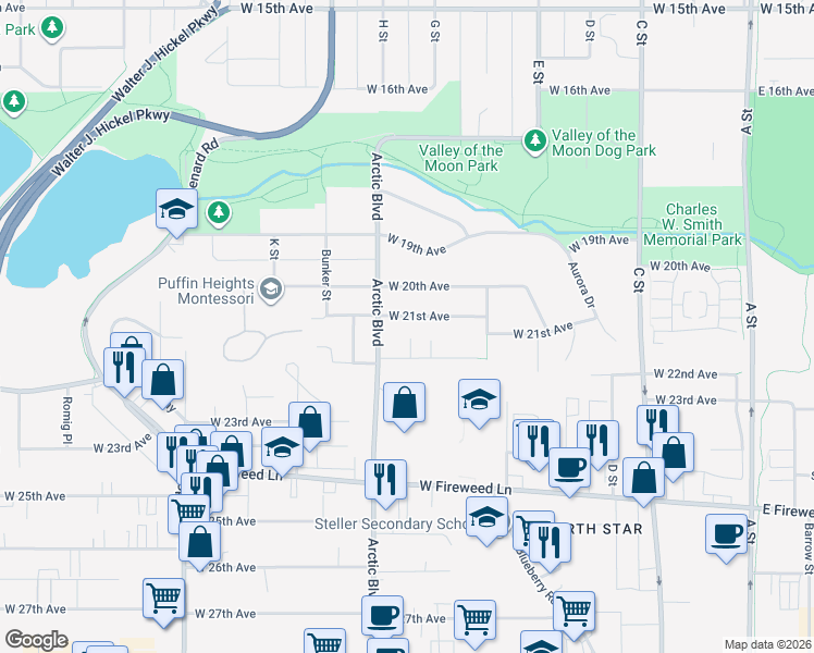 map of restaurants, bars, coffee shops, grocery stores, and more near 724 West 21st Avenue in Anchorage