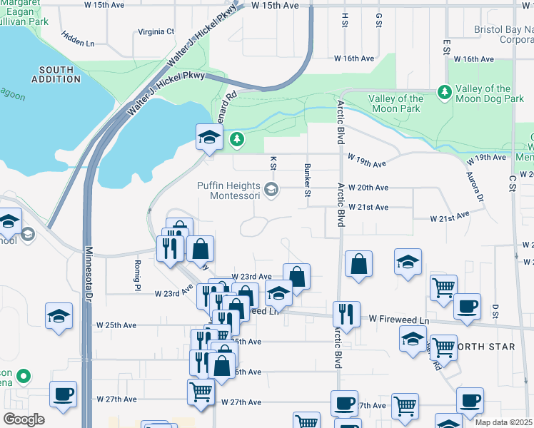 map of restaurants, bars, coffee shops, grocery stores, and more near 1037 Potlatch Circle in Anchorage