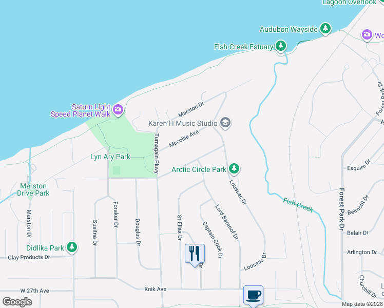 map of restaurants, bars, coffee shops, grocery stores, and more near 2801 Illiamna Ave in Anchorage