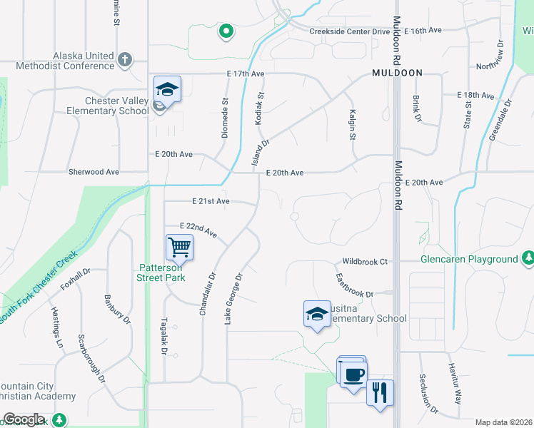 map of restaurants, bars, coffee shops, grocery stores, and more near 2121 Chandalar Drive in Anchorage