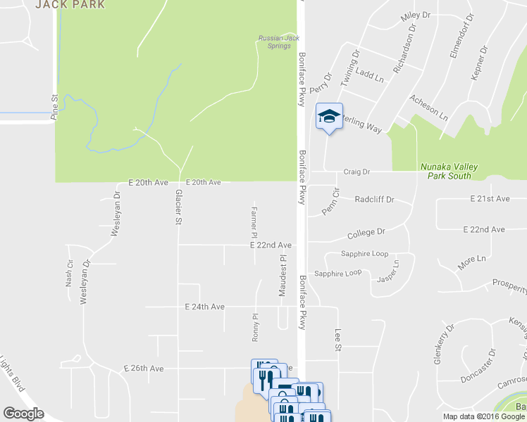 map of restaurants, bars, coffee shops, grocery stores, and more near 2105 Farmer Place in Anchorage