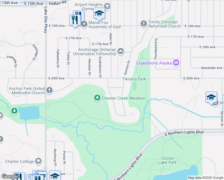 map of restaurants, bars, coffee shops, grocery stores, and more near 2125 Alder Drive in Anchorage