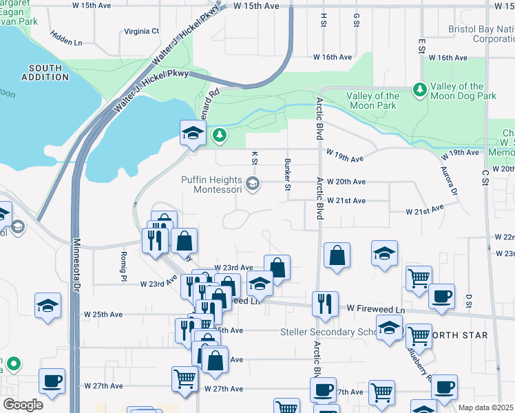 map of restaurants, bars, coffee shops, grocery stores, and more near 1000 Potlatch Circle in Anchorage