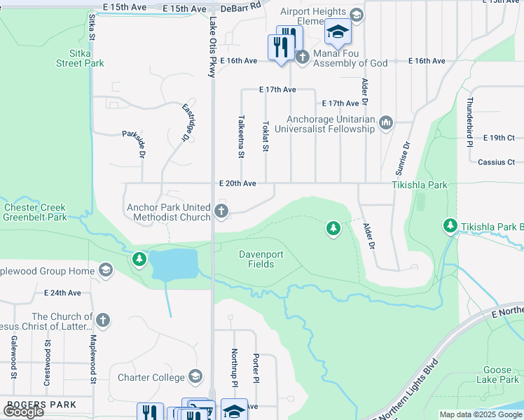 map of restaurants, bars, coffee shops, grocery stores, and more near 2442 Oak Drive in Anchorage