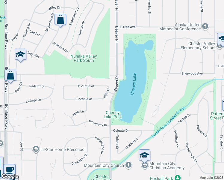 map of restaurants, bars, coffee shops, grocery stores, and more near 2115 Illian Lane in Anchorage