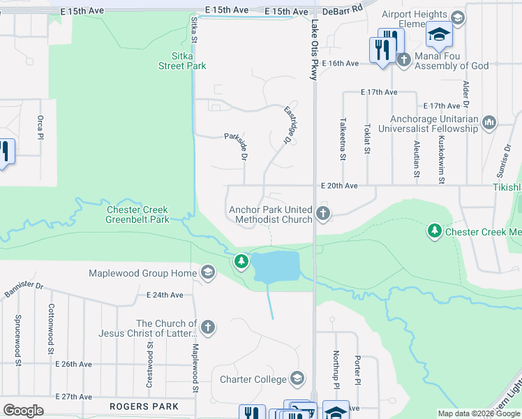 map of restaurants, bars, coffee shops, grocery stores, and more near 2244 Knoll Circle in Anchorage