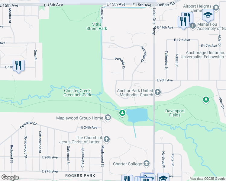 map of restaurants, bars, coffee shops, grocery stores, and more near 2055 Cliffside Drive in Anchorage