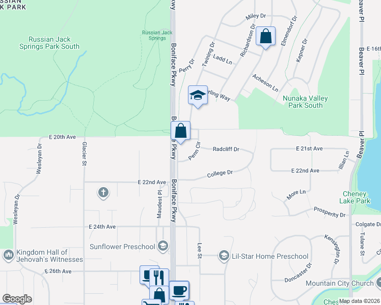 map of restaurants, bars, coffee shops, grocery stores, and more near 5526 Penn Circle in Anchorage